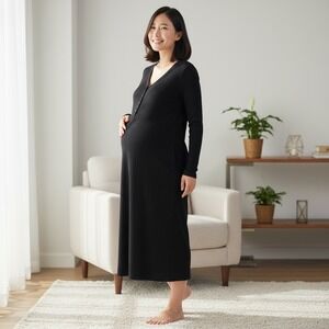 Old Navy Maternity Black Ribbed Long Sleeve V Neck Button Front Midi Dress M